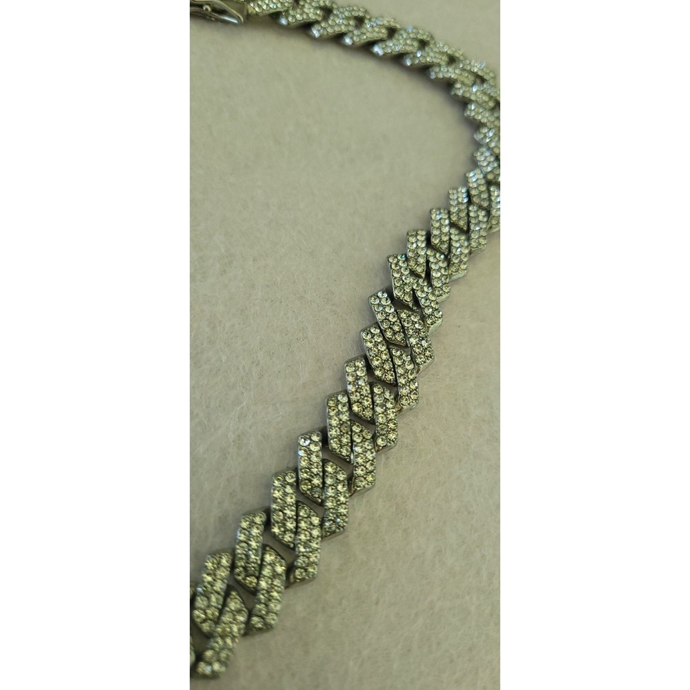 Vintage Rhinestone Curb Chain Choker Necklace Silver Tone 14in Statement Flaw - Picture 8 of 11